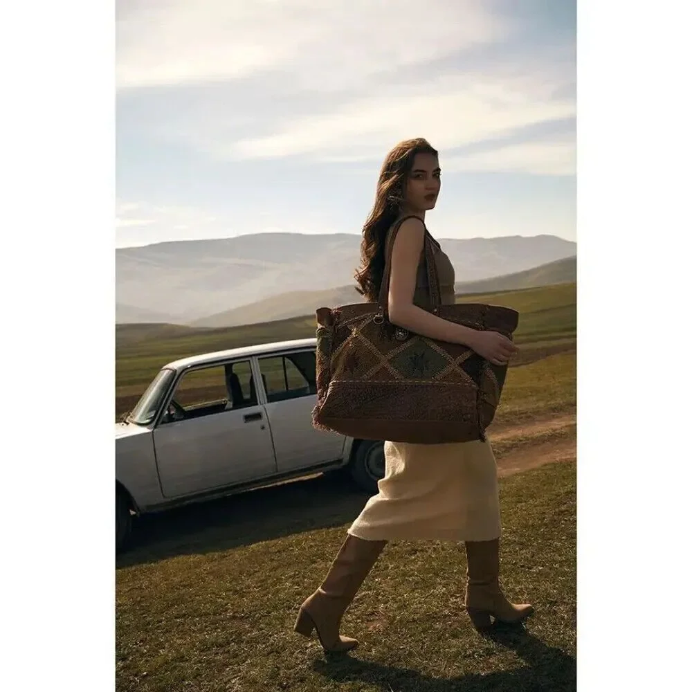 Myra Bag Handmade Mahsen Weekender Bag Upcycled Canvas & Cowhide Leather